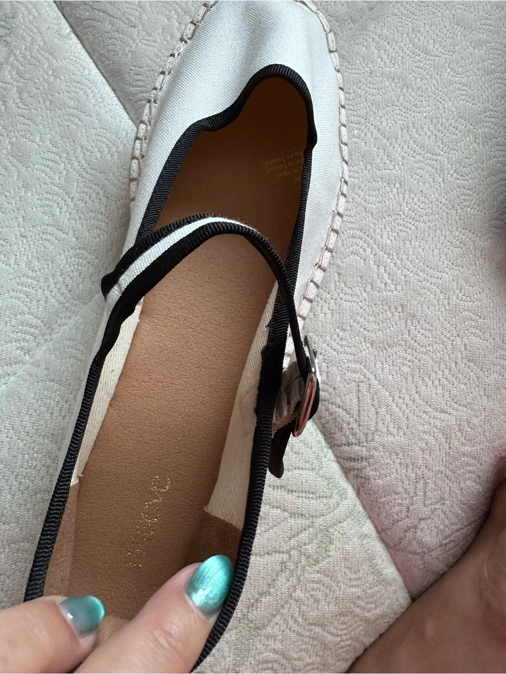 Maeve White Espadrille Mary Jane Flats with Black Trim
